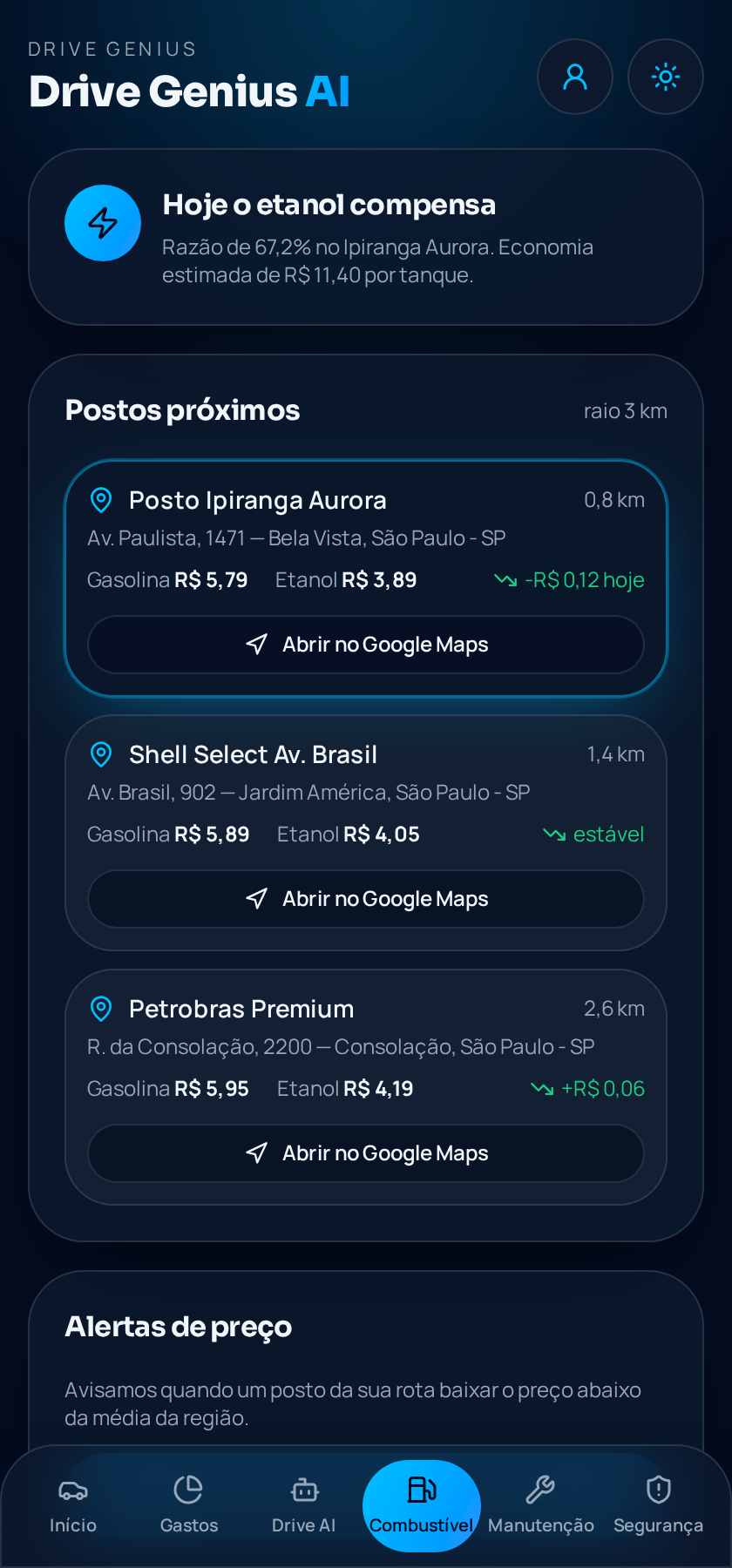 Tela de Combustível do aplicativo Drive Genius